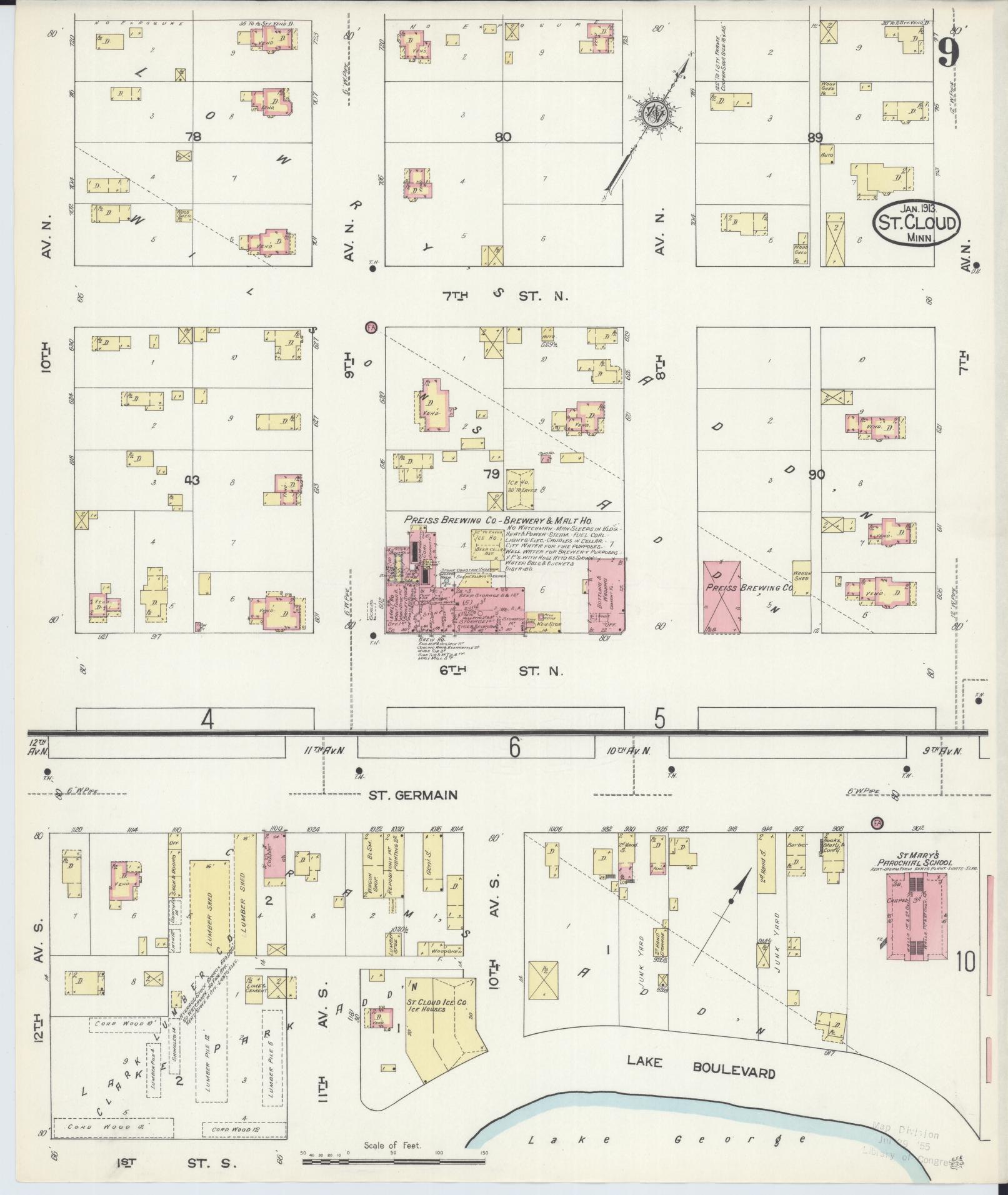 Sanborn Fire Insurance Map from Saint Cloud, Stearns, Benton, and Sherburne Counties, Minnesota (1913), Sheet #0009 - Complete Map Set gallery image, historic Sanborn map, vintage wall art, Minnesota Minnesota