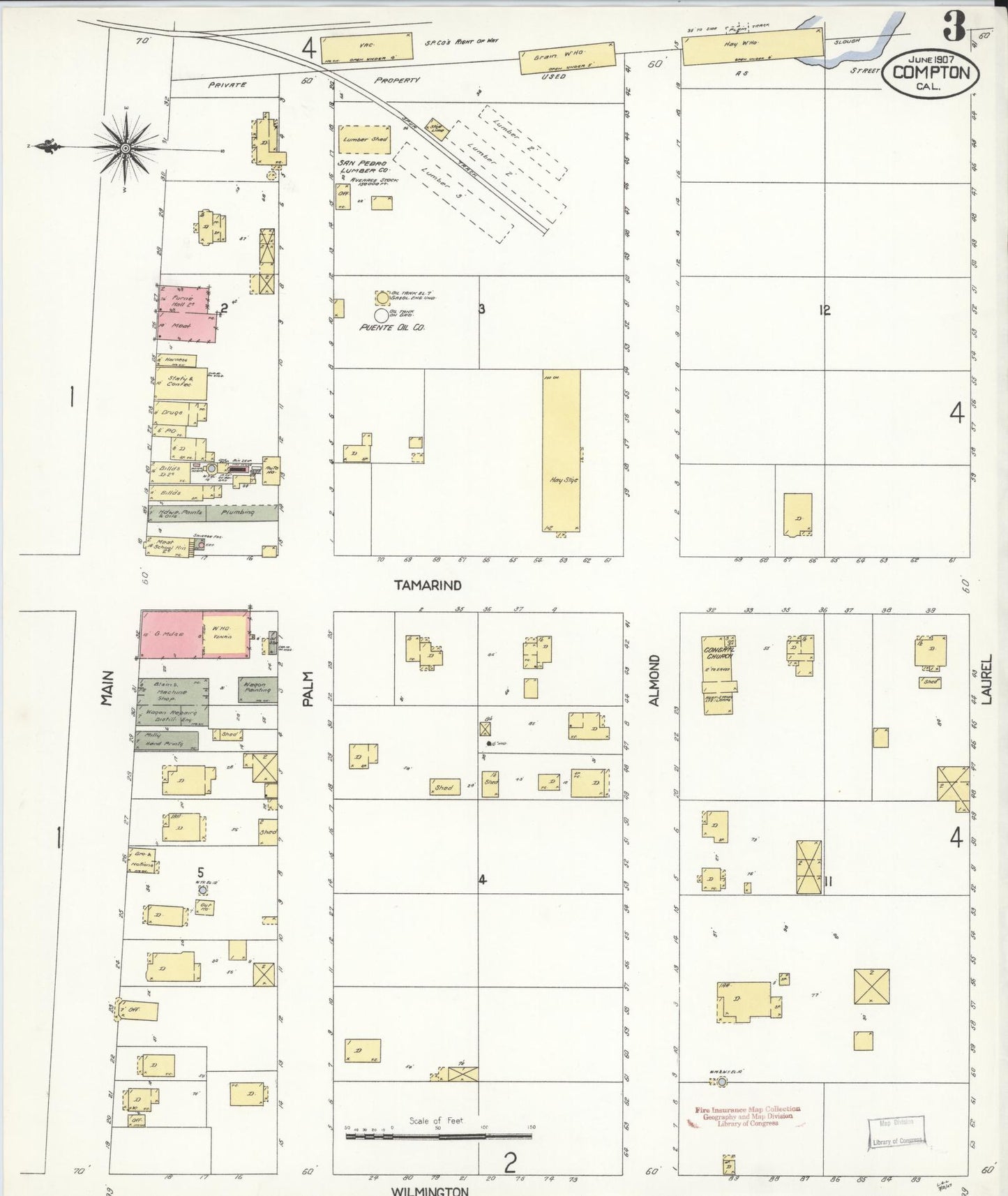 Sanborn Fire Insurance Map from Compton, Los Angeles County, California (1907), Sheet #0003 - Historic Sanborn Fire Insurance Map Print, vintage old map wall art, antique decor, genealogy gift, California California map