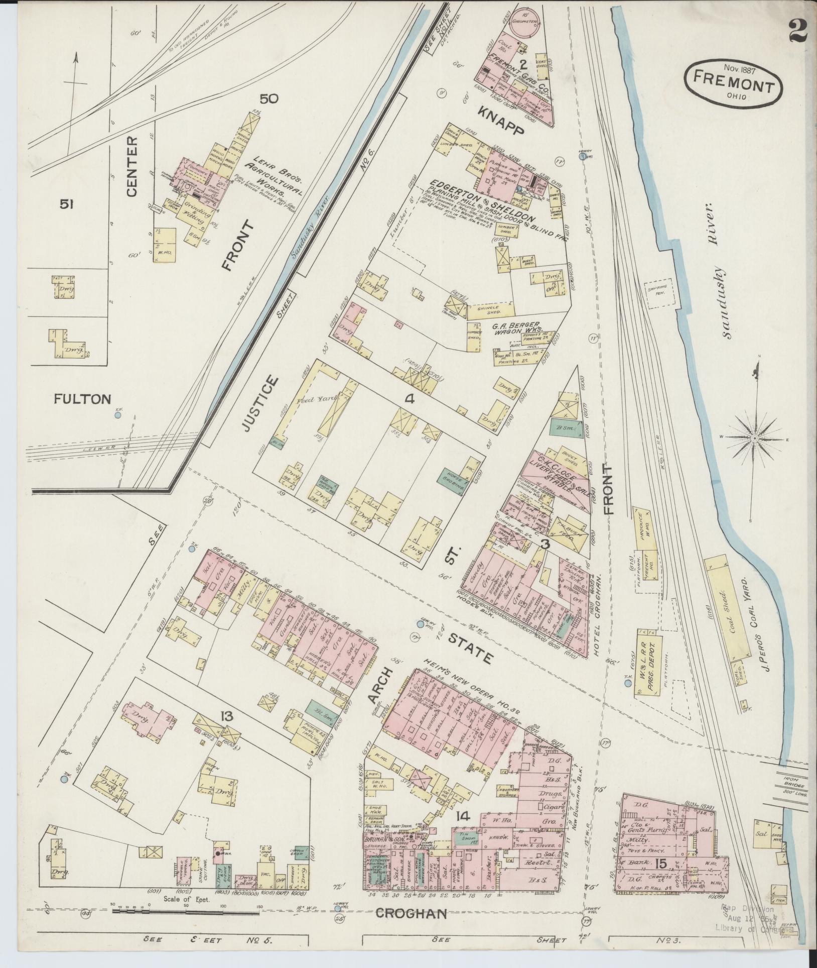 Sanborn Fire Insurance Map from Fremont, Sandusky County, Ohio (1887), Sheet #0002 - Historic Sanborn Fire Insurance Map Print, vintage old map wall art, antique decor, genealogy gift, Ohio Ohio map