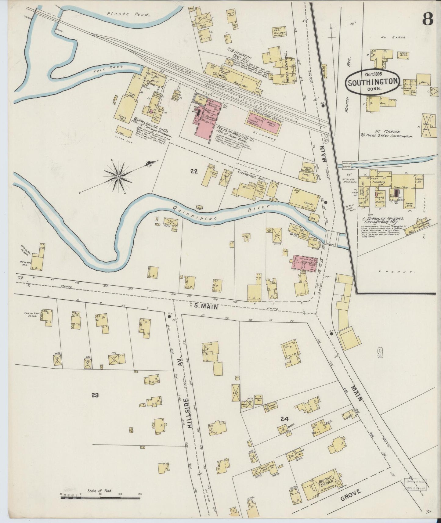 Sanborn Fire Insurance Map from Southington, Hartford County, Connecticut (1895), Sheet #0008 - Historic Sanborn Fire Insurance Map Print, vintage old map wall art, antique decor, genealogy gift, Connecticut Connecticut map