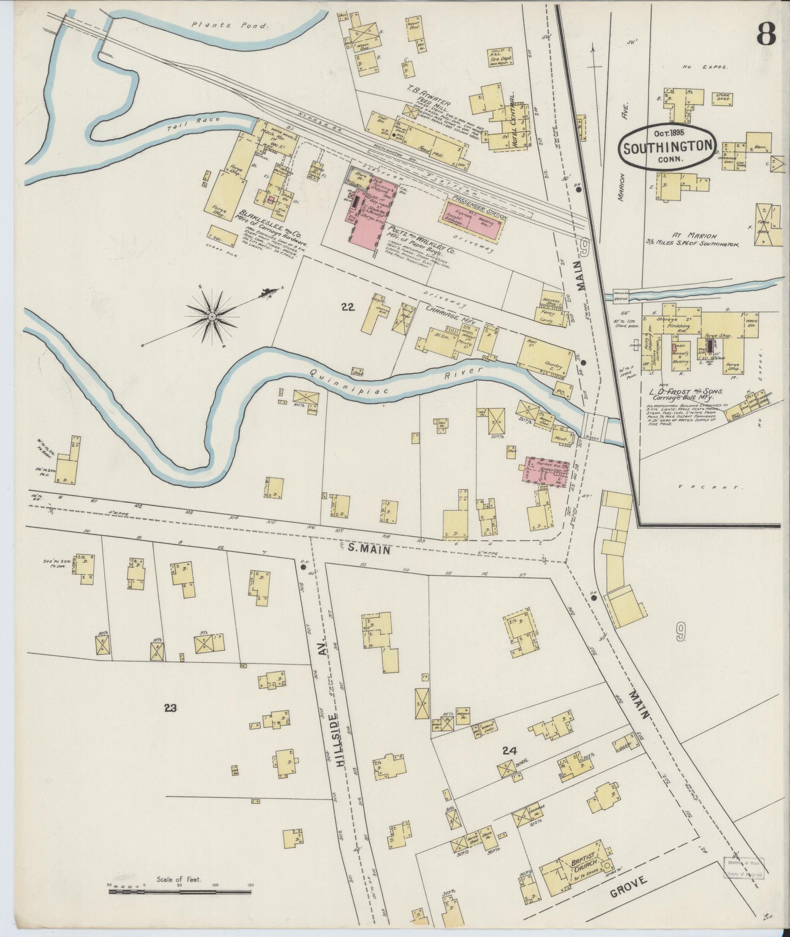 Sanborn Fire Insurance Map from Southington, Hartford County, Connecticut (1895), Sheet #0008 - Historic Sanborn Fire Insurance Map Print, vintage old map wall art, antique decor, genealogy gift, Connecticut Connecticut map