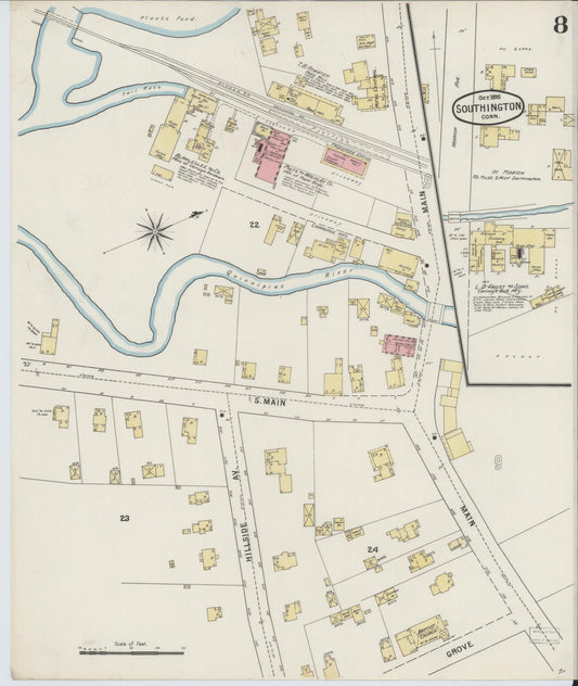 Sanborn Fire Insurance Map from Southington, Hartford County, Connecticut (1895), Sheet #0008 - Historic Sanborn Fire Insurance Map Print, vintage old map wall art, antique decor, genealogy gift, Connecticut Connecticut map