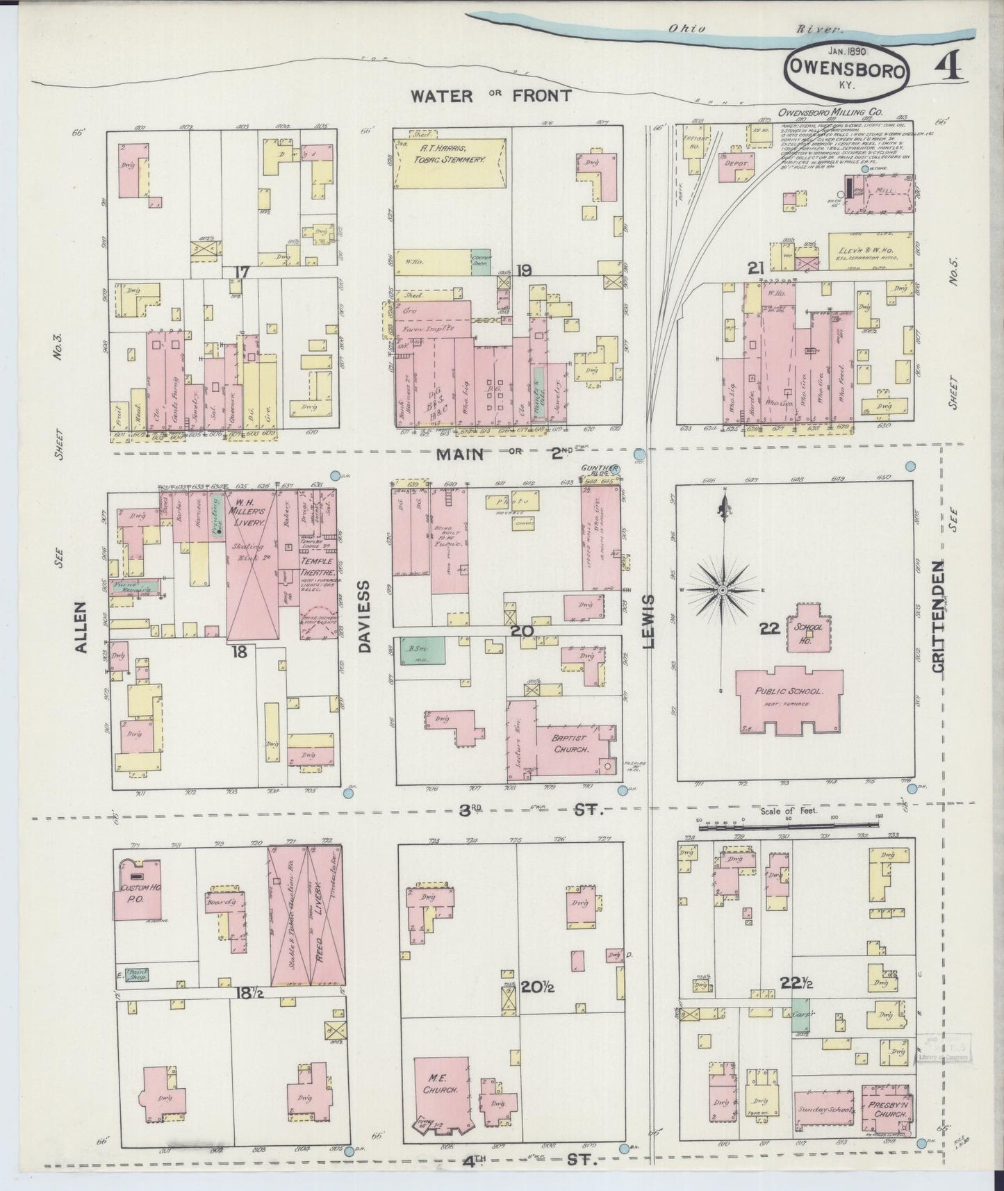 Sanborn Fire Insurance Map from Owensboro, Daviess County, Kentucky (1890), Sheet #0004 - Historic Sanborn Fire Insurance Map Print, vintage old map wall art, antique decor, genealogy gift, Kentucky Kentucky map