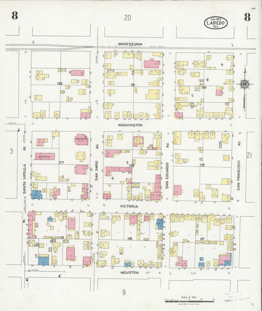 Sanborn Fire Insurance Map from Laredo, Webb County, Texas (1925), Sheet #0008 - Historic Sanborn Fire Insurance Map Print, vintage old map wall art, antique decor, genealogy gift, Texas Texas map