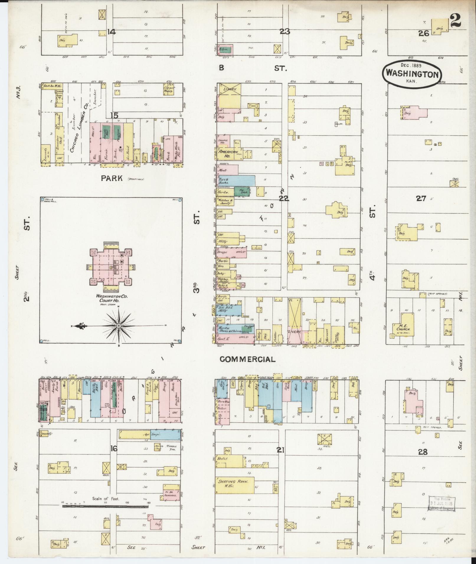 Sanborn Fire Insurance Map from Washington, Washington County, Kansas (1889), Sheet #0002 - Historic Sanborn Fire Insurance Map Print, vintage old map wall art, antique decor, genealogy gift, Sanborn Fire Insurance Map from Washington Washington map