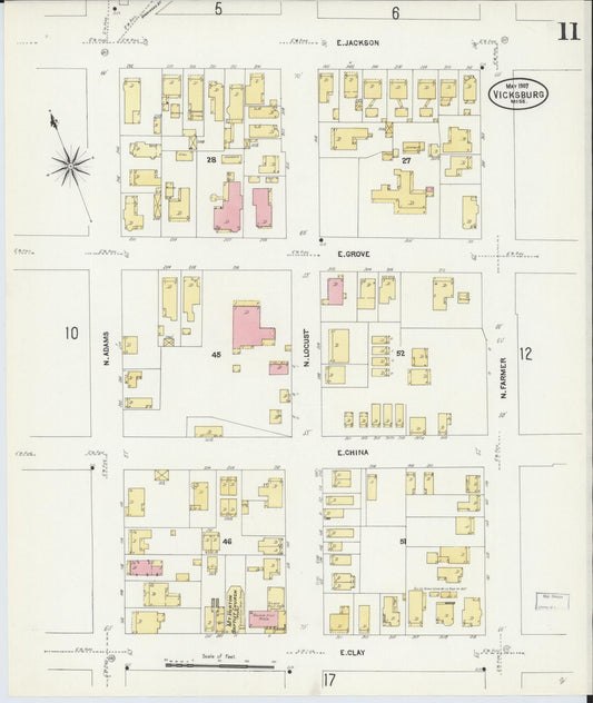 Sanborn Fire Insurance Map from Vicksburg, Warren County, Mississippi (1907), Sheet #0011 - Historic Sanborn Fire Insurance Map Print, vintage old map wall art, antique decor, genealogy gift, Mississippi Mississippi map