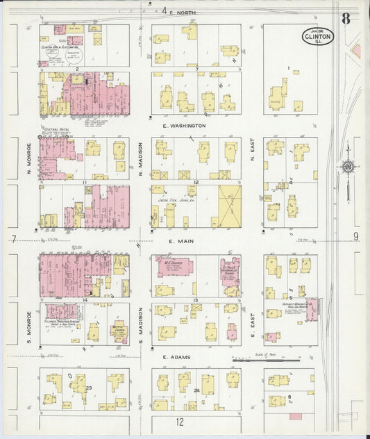 Sanborn Fire Insurance Map from Clinton, De Witt County, Illinois (1916), Sheet #0008 - Historic Sanborn Fire Insurance Map Print, vintage old map wall art, antique decor, genealogy gift, Illinois Illinois map