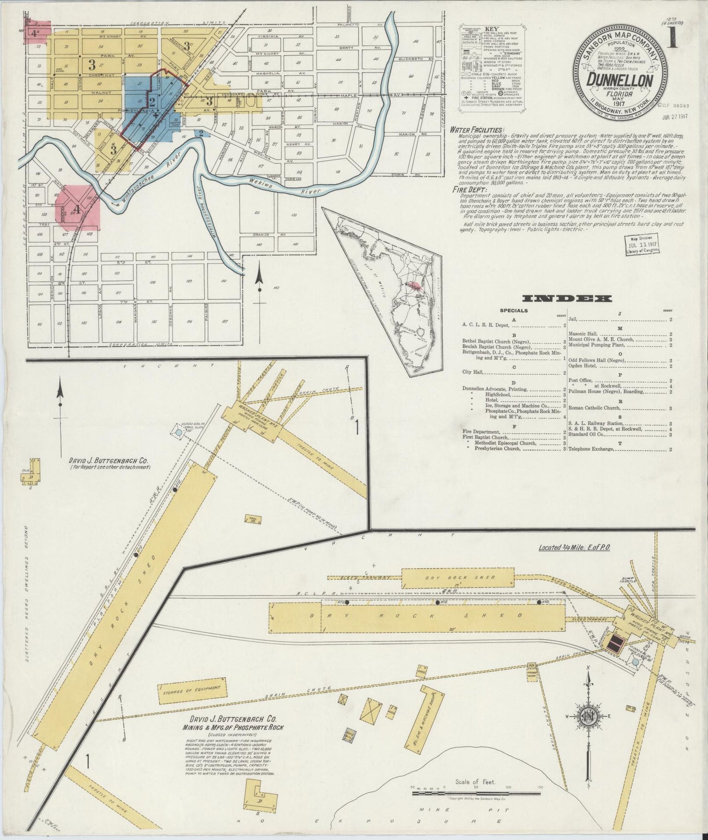Sanborn Fire Insurance Map from Dunnellon, Marion County, Florida (1917), Sheet #0001 - Historic Sanborn Fire Insurance Map Print, vintage old map wall art, antique decor, genealogy gift, Florida Florida map