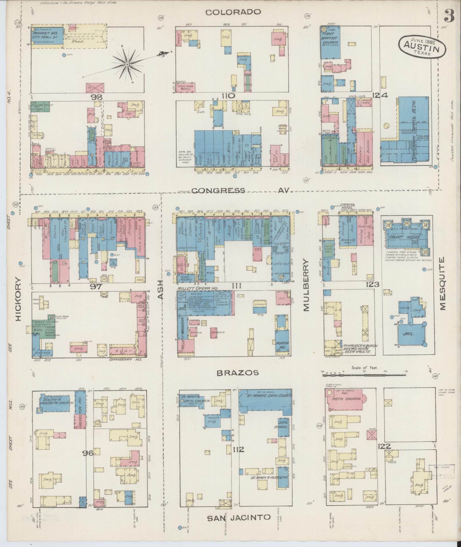 Sanborn Fire Insurance Map from Austin, Travis County, Texas (1885), Sheet #0003 - Historic Sanborn Fire Insurance Map Print, vintage old map wall art, antique decor, genealogy gift, Texas Texas map