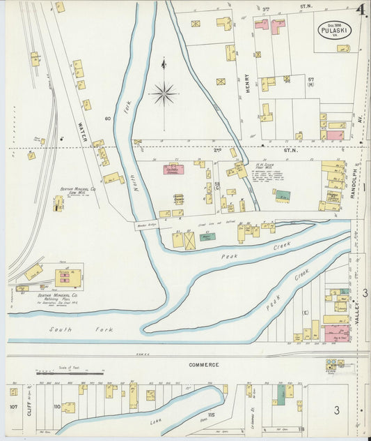Sanborn Fire Insurance Map from Pulaski, Pulaski County, Virginia (1898), Sheet #0004 - Historic Sanborn Fire Insurance Map Print, vintage old map wall art, antique decor, genealogy gift, Virginia Virginia map