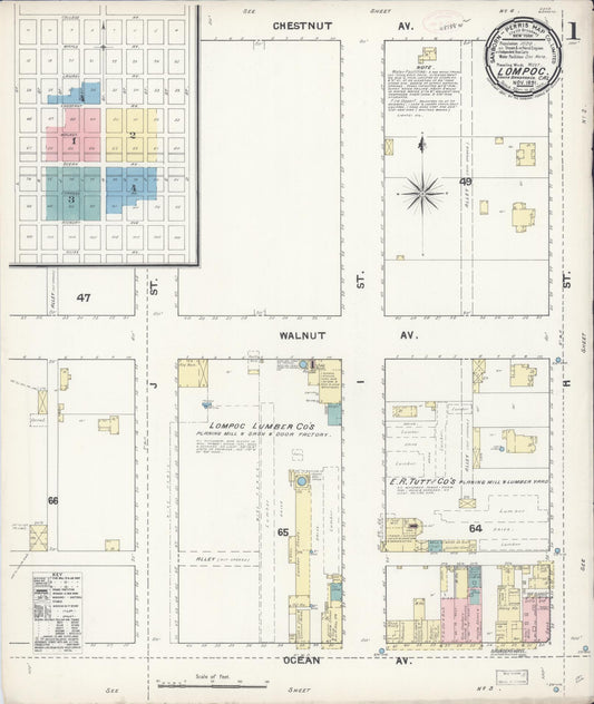 Sanborn Fire Insurance Map from Lompoc, Santa Barbara County, California (1891), Sheet #0001 - Complete Map Set gallery image, historic Sanborn map, vintage wall art, California California