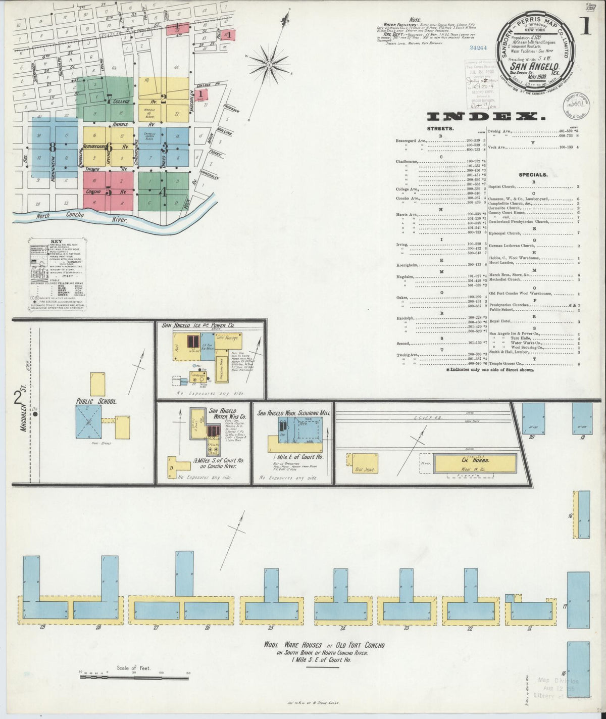 Sanborn Fire Insurance Map from San Angelo, Tom Green County, Texas (1900), Sheet #0001 - Historic Sanborn Fire Insurance Map Print, vintage old map wall art, antique decor, genealogy gift, Texas Texas map