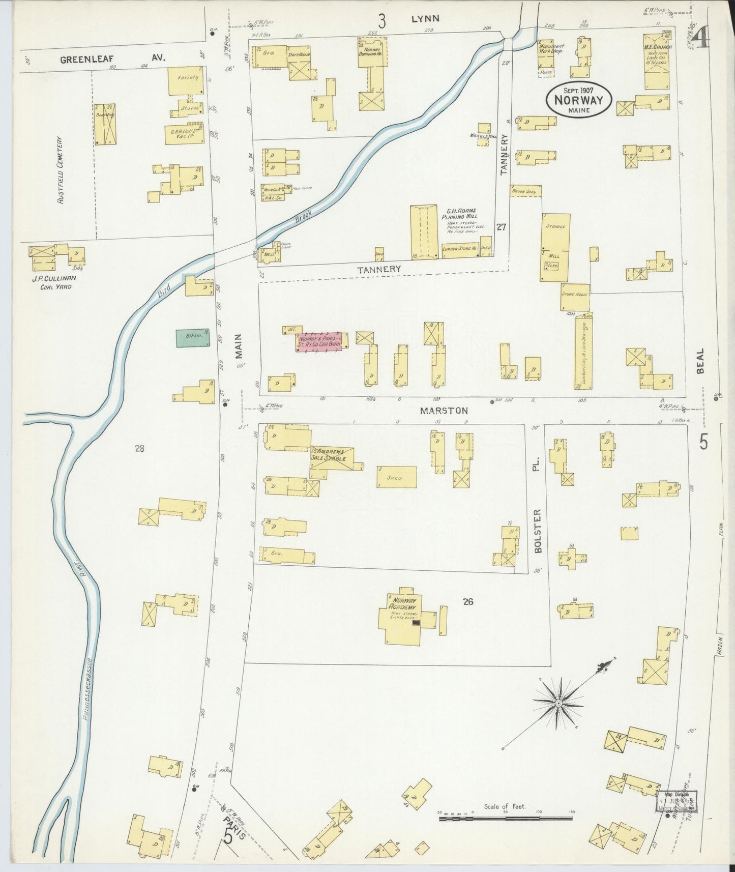 Sanborn Fire Insurance Map from Norway, Oxford County, Maine (1907), Sheet #0004 - Historic Sanborn Fire Insurance Map Print, vintage old map wall art, antique decor, genealogy gift, Maine Maine map