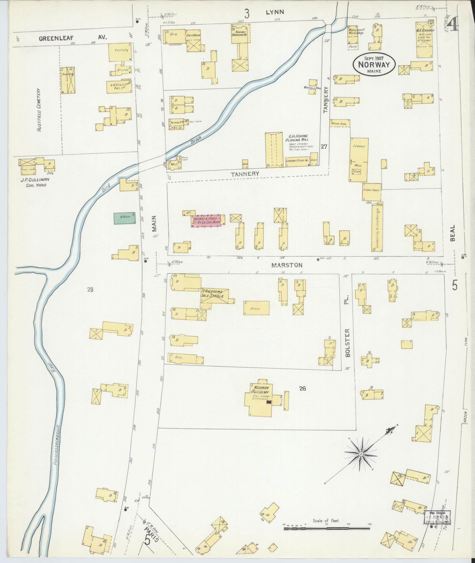 Sanborn Fire Insurance Map from Norway, Oxford County, Maine (1907), Sheet #0004 - Historic Sanborn Fire Insurance Map Print, vintage old map wall art, antique decor, genealogy gift, Maine Maine map