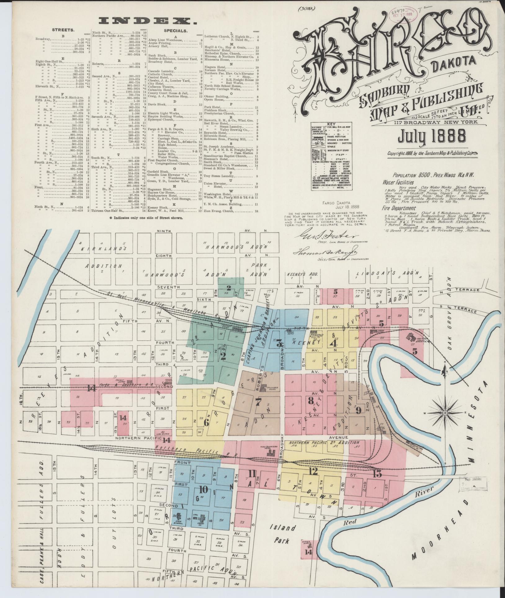 Sanborn Fire Insurance Map from Fargo, Cass County, North Dakota (1888), Sheet #0001 - Historic Sanborn Fire Insurance Map Print, vintage old map wall art, antique decor, genealogy gift, North Dakota North Dakota map