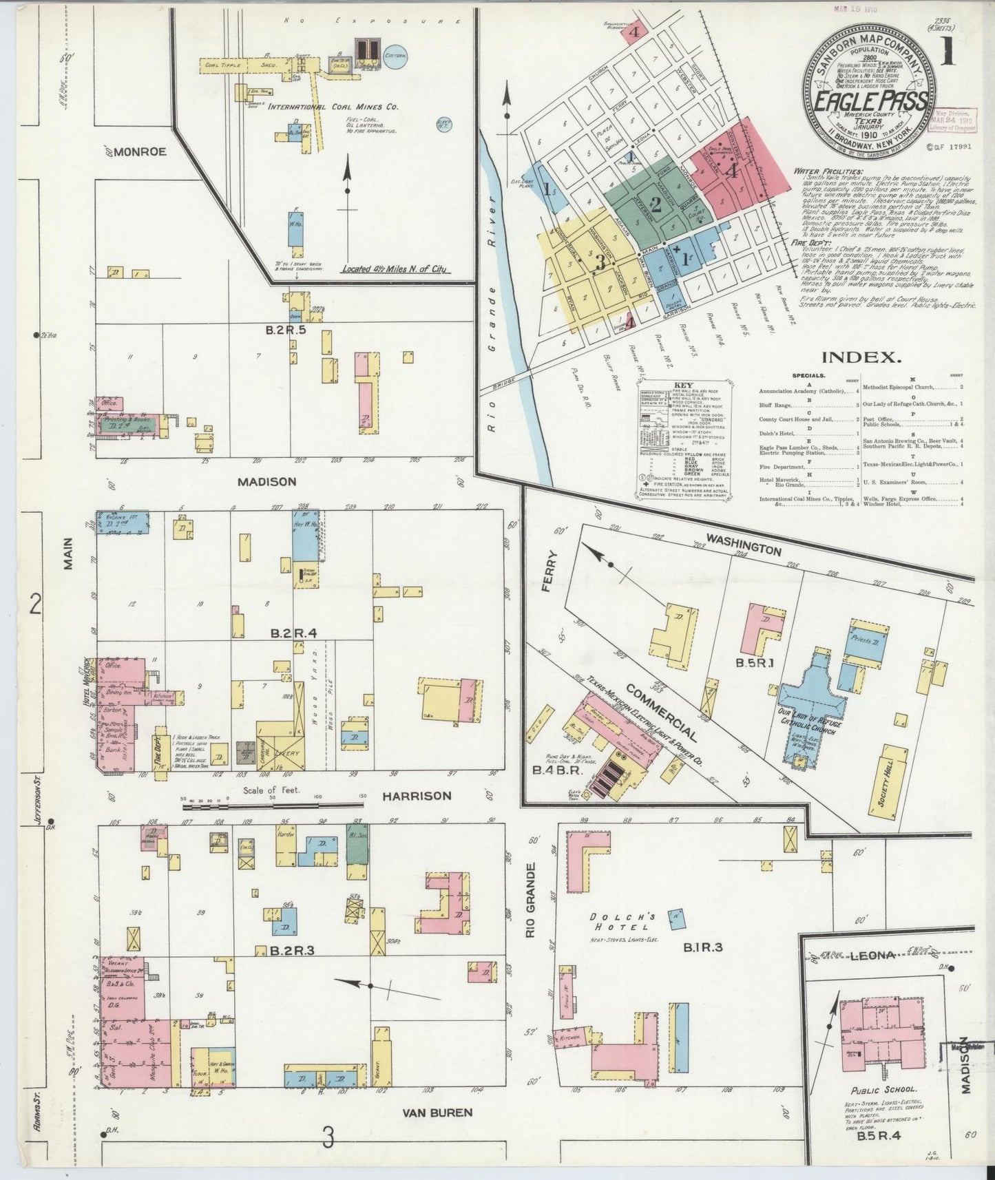 Sanborn Fire Insurance Map from Eagle Pass, Maverick County, Texas (1910), Sheet #0001 - Historic Sanborn Fire Insurance Map Print, vintage old map wall art, antique decor, genealogy gift, Texas Texas map