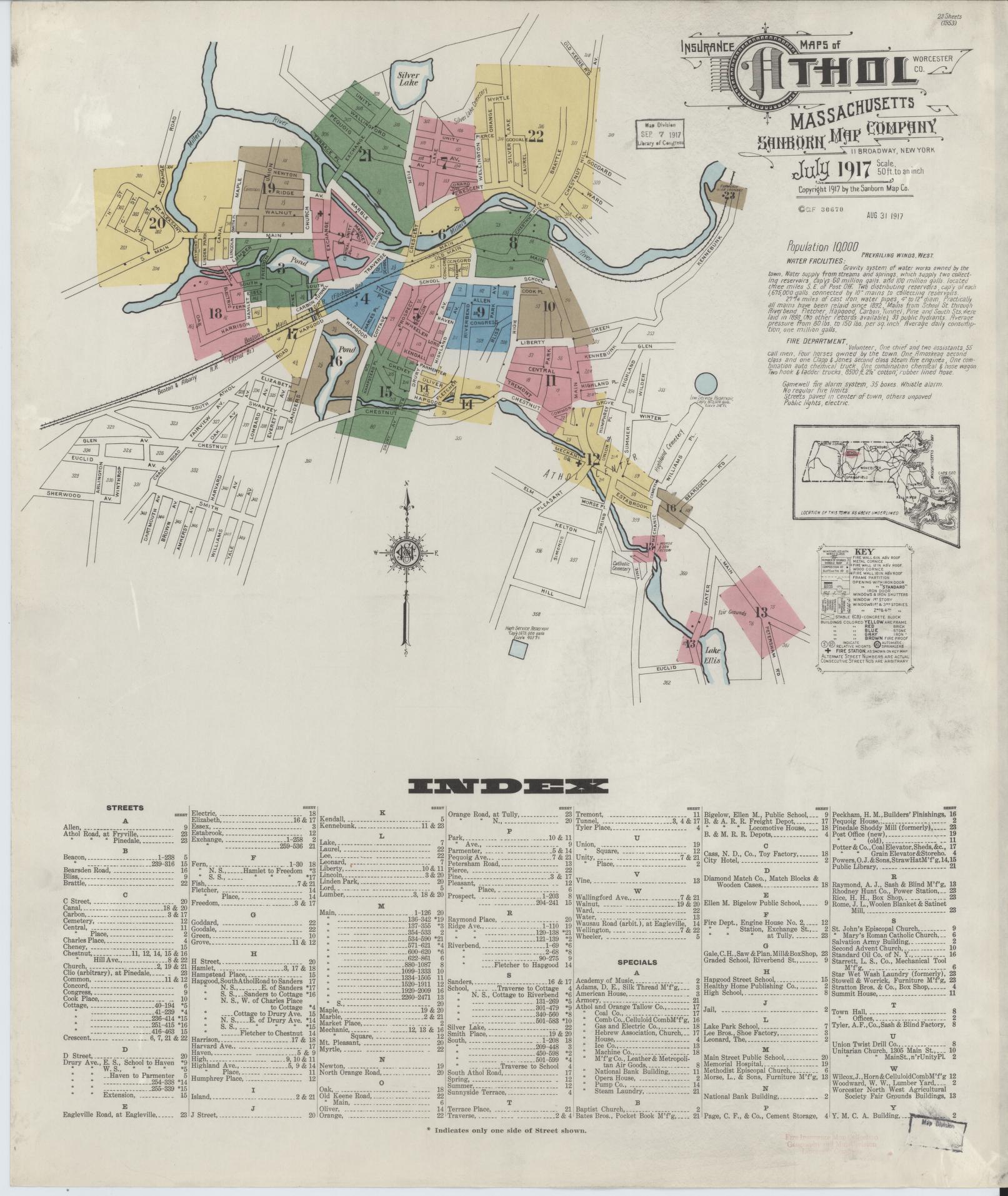 Sanborn Fire Insurance Map from Athol, Worcester County, Massachusetts (1917), Sheet #0001 - Complete Map Set gallery image, historic Sanborn map, vintage wall art, Massachusetts Massachusetts
