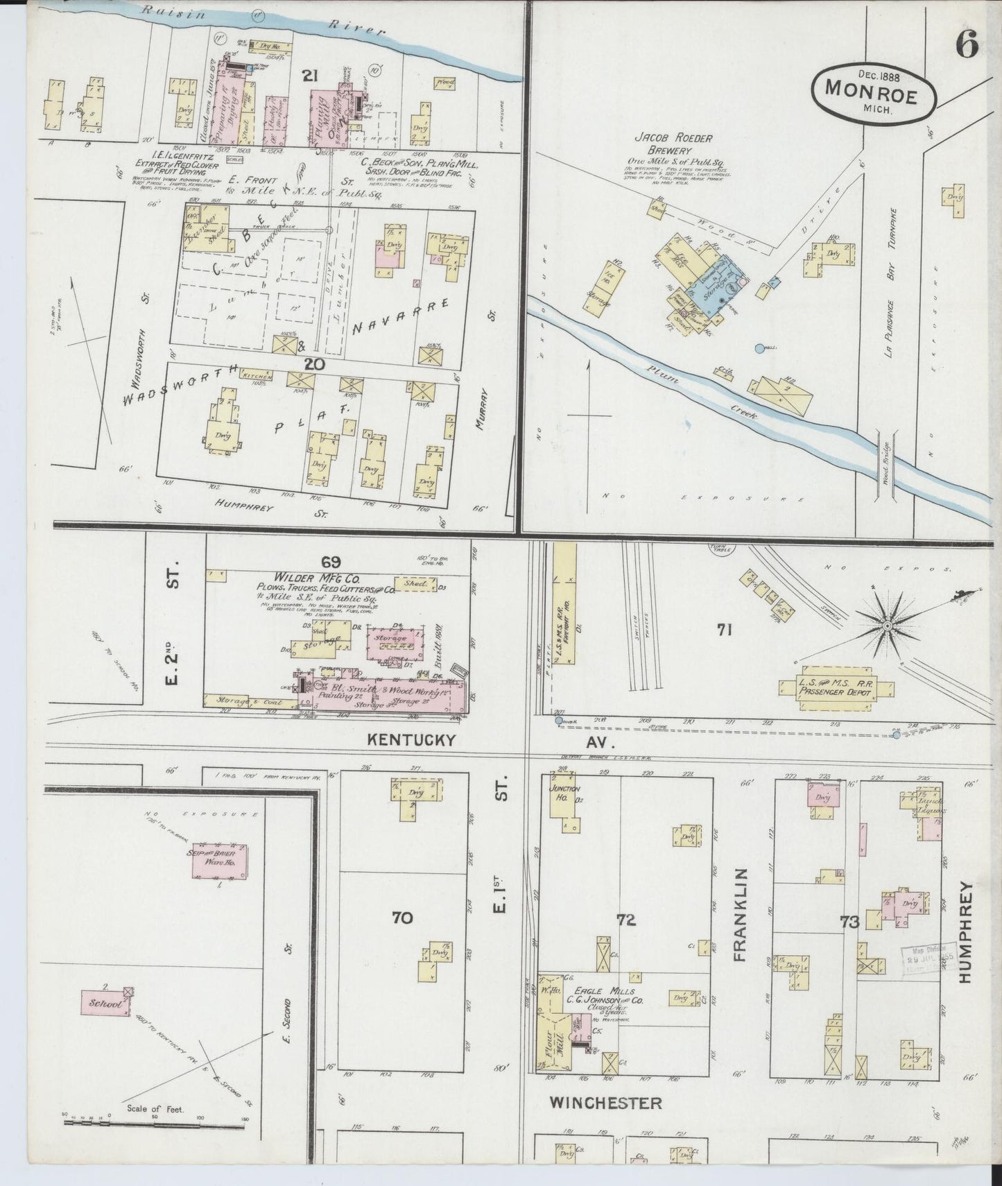 Sanborn Fire Insurance Map from Monroe, Monroe County, Michigan (1888), Sheet #0006 - Complete Map Set gallery image, historic Sanborn map, vintage wall art, Michigan Michigan