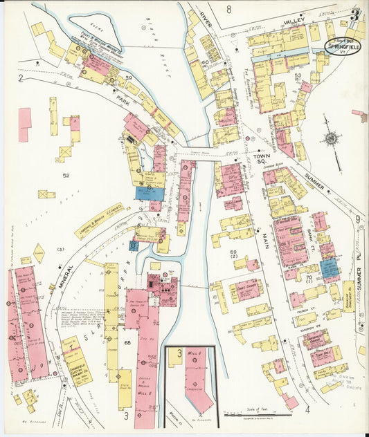 Sanborn Fire Insurance Map from Springfield, Windsor County, Vermont (1921), Sheet #0003 - Historic Sanborn Fire Insurance Map Print, vintage old map wall art, antique decor, genealogy gift, Vermont Vermont map