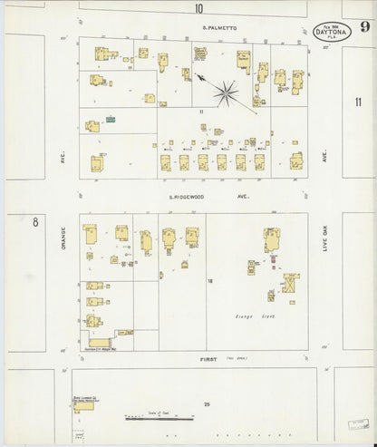 Sanborn Fire Insurance Map from Daytona, Volusia County, Florida (1906), Sheet #0009 - Historic Sanborn Fire Insurance Map Print, vintage old map wall art, antique decor, genealogy gift, Florida Florida map
