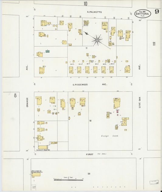 Sanborn Fire Insurance Map from Daytona, Volusia County, Florida (1906), Sheet #0009 - Historic Sanborn Fire Insurance Map Print, vintage old map wall art, antique decor, genealogy gift, Florida Florida map
