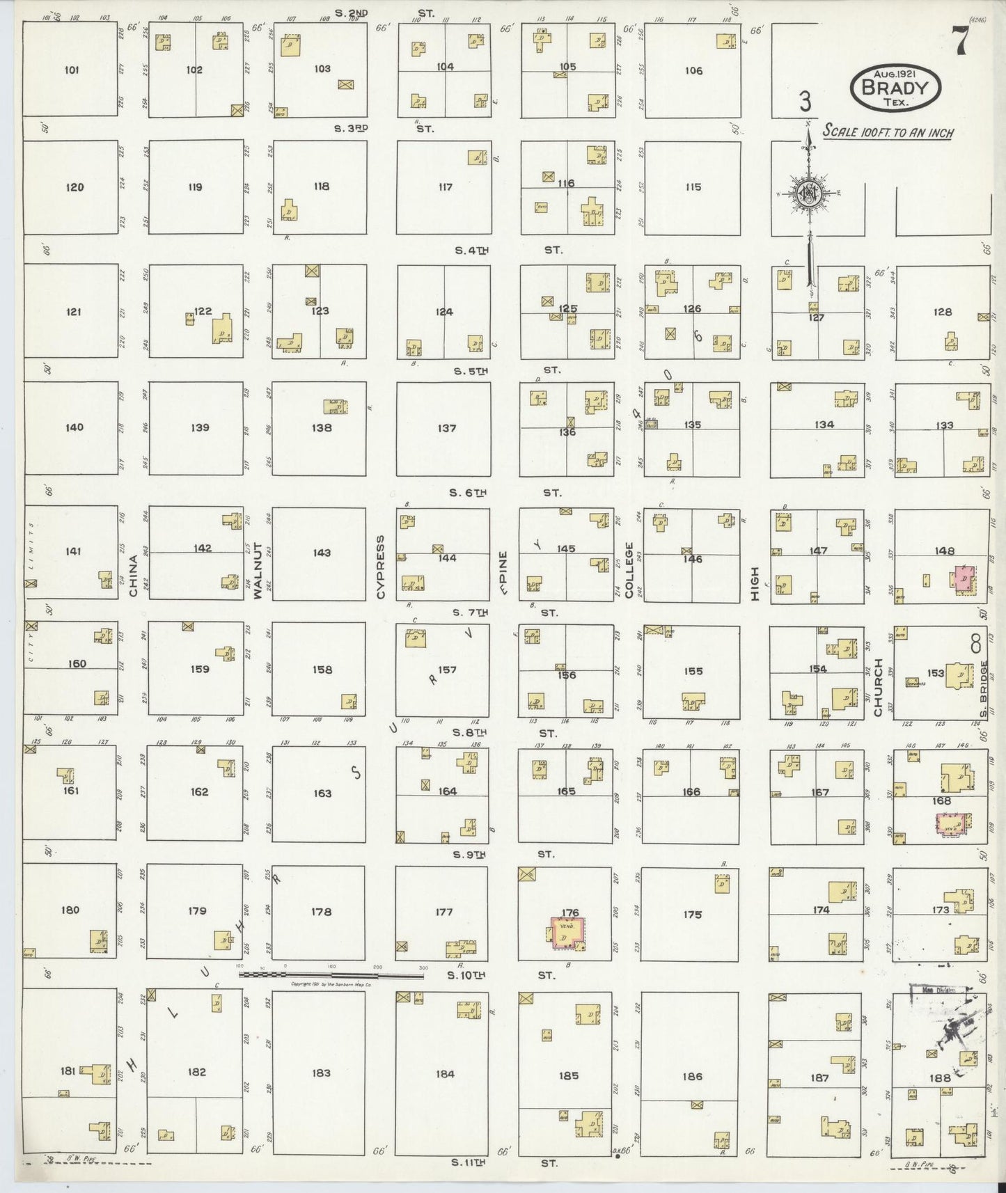 Sanborn Fire Insurance Map from Brady, McCulloch County, Texas (1921), Sheet #0007 - Historic Sanborn Fire Insurance Map Print, vintage old map wall art, antique decor, genealogy gift, Texas Texas map