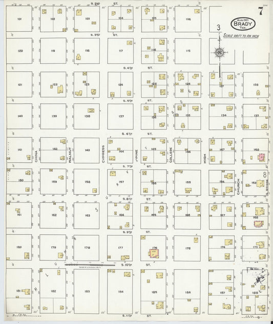 Sanborn Fire Insurance Map from Brady, McCulloch County, Texas (1921), Sheet #0007 - Historic Sanborn Fire Insurance Map Print, vintage old map wall art, antique decor, genealogy gift, Texas Texas map