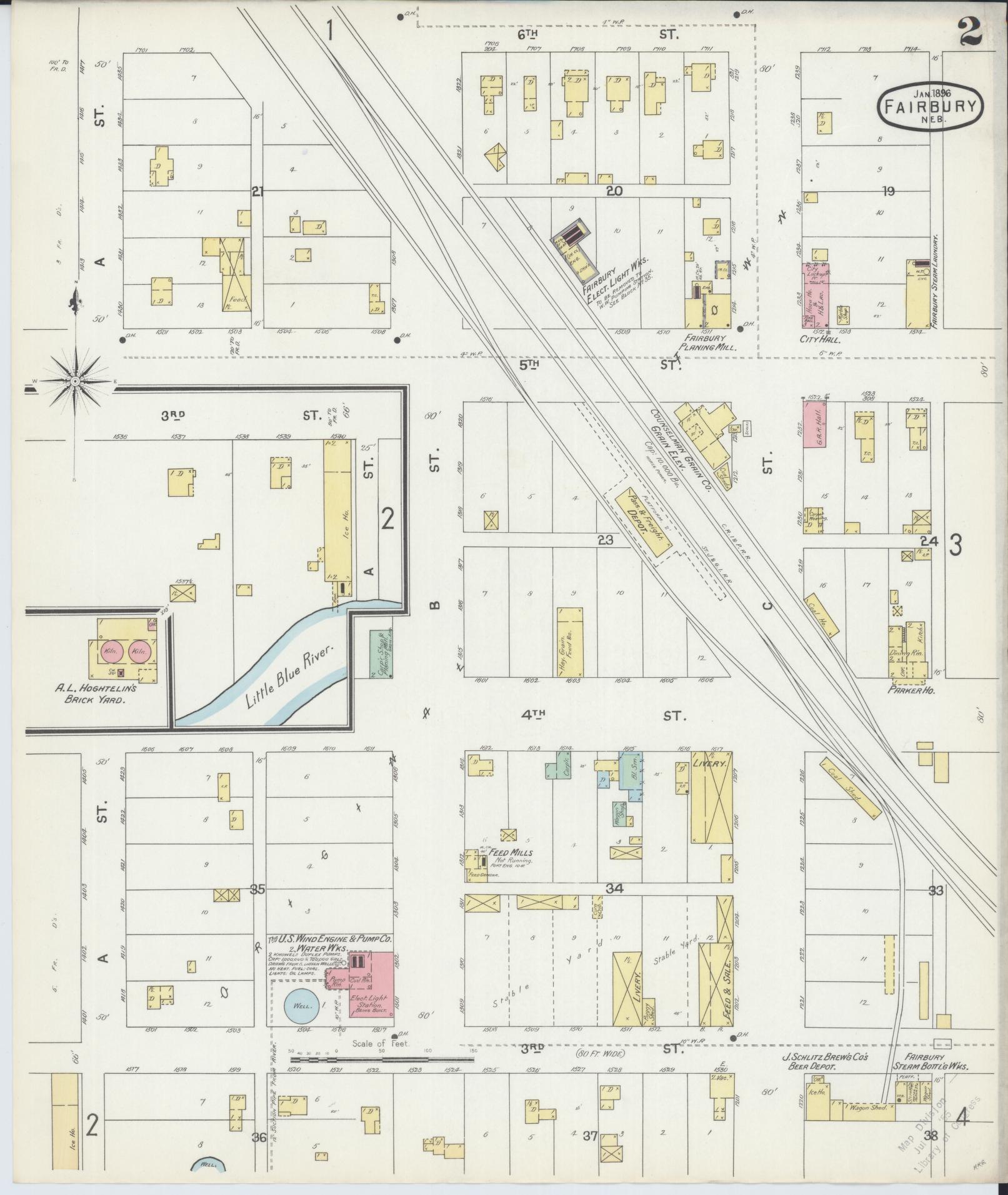 Sanborn Fire Insurance Map from Fairbury, Jefferson County, Nebraska (1896), Sheet #0002 - Historic Sanborn Fire Insurance Map Print, vintage old map wall art, antique decor, genealogy gift, Nebraska Nebraska map