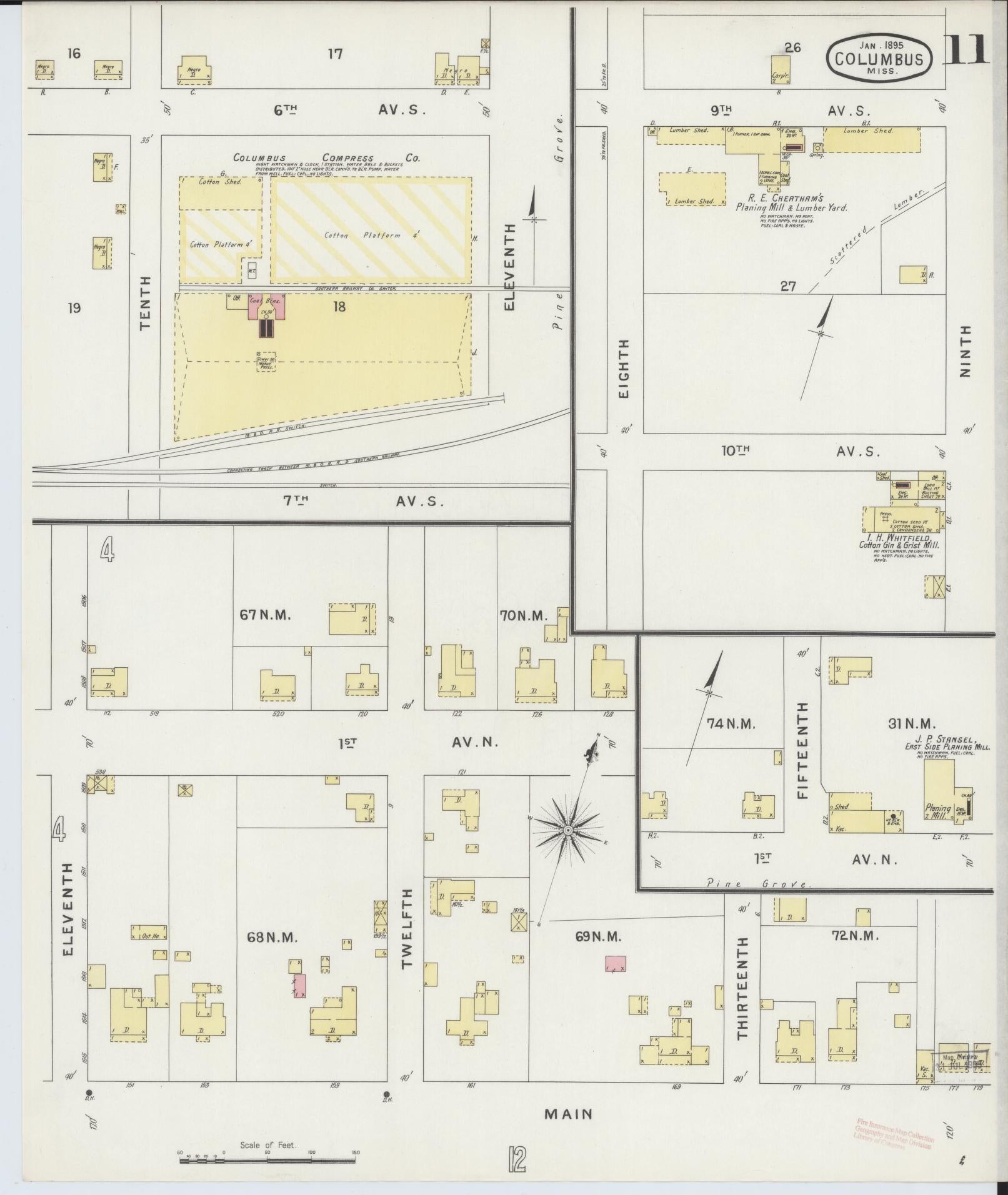 Sanborn Fire Insurance Map from Columbus, Lowndes County, Mississippi (1895), Sheet #0011 - Historic Sanborn Fire Insurance Map Print, vintage old map wall art, antique decor, genealogy gift, Mississippi Mississippi map
