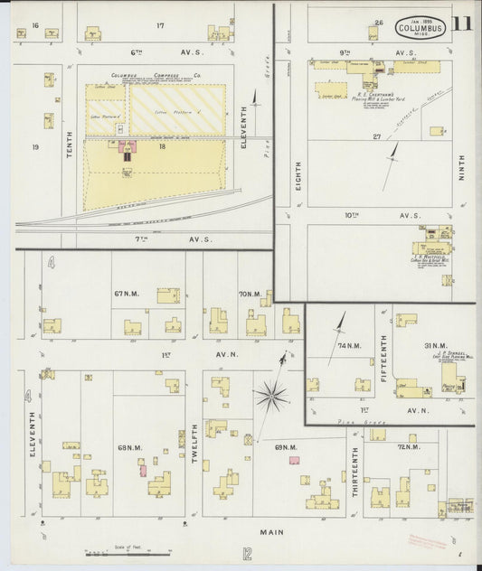 Sanborn Fire Insurance Map from Columbus, Lowndes County, Mississippi (1895), Sheet #0011 - Historic Sanborn Fire Insurance Map Print, vintage old map wall art, antique decor, genealogy gift, Mississippi Mississippi map