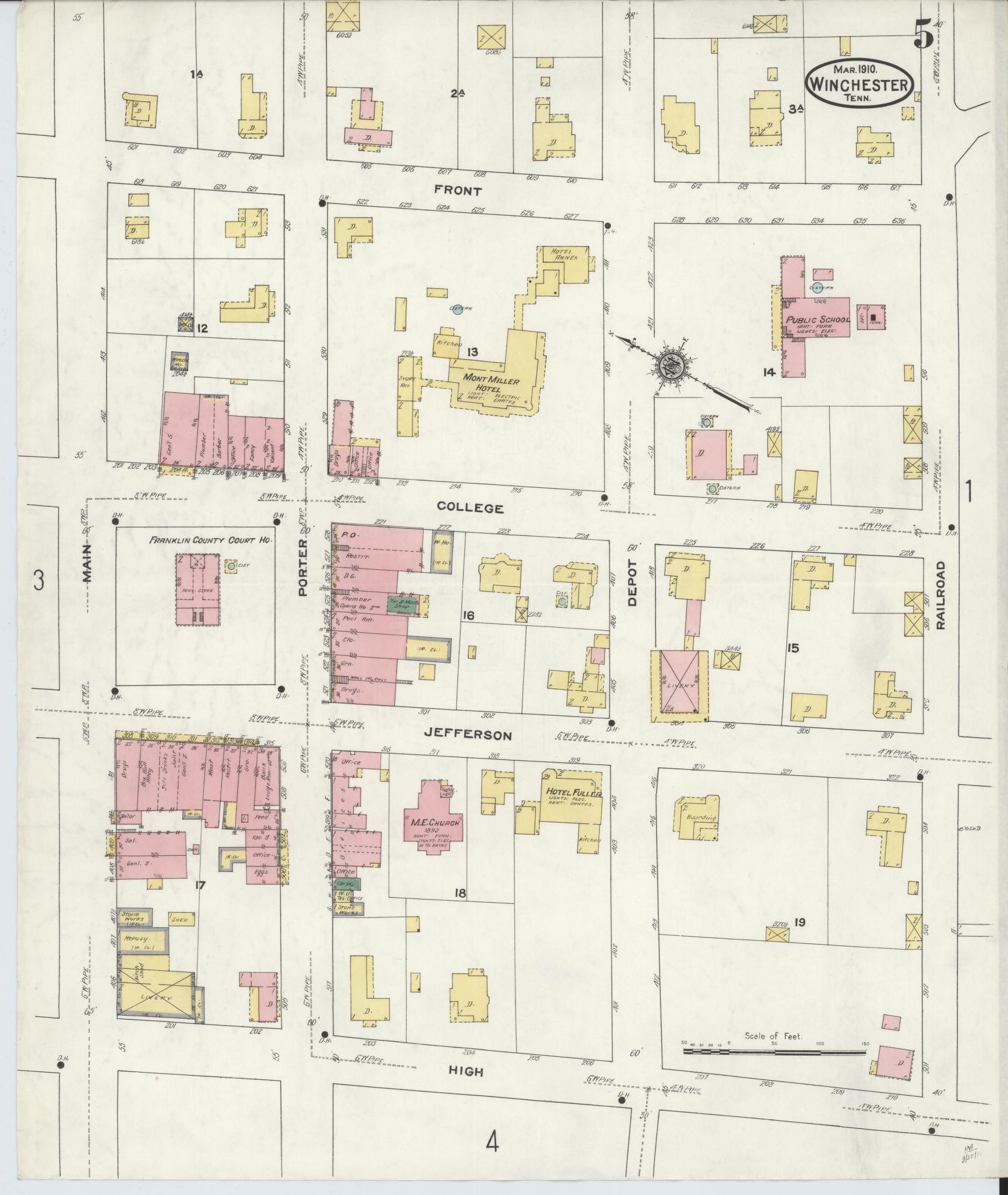 Sanborn Fire Insurance Map from Winchester, Franklin County, Tennessee (1910), Sheet #0005 - Complete Map Set gallery image, historic Sanborn map, vintage wall art, Tennessee Tennessee