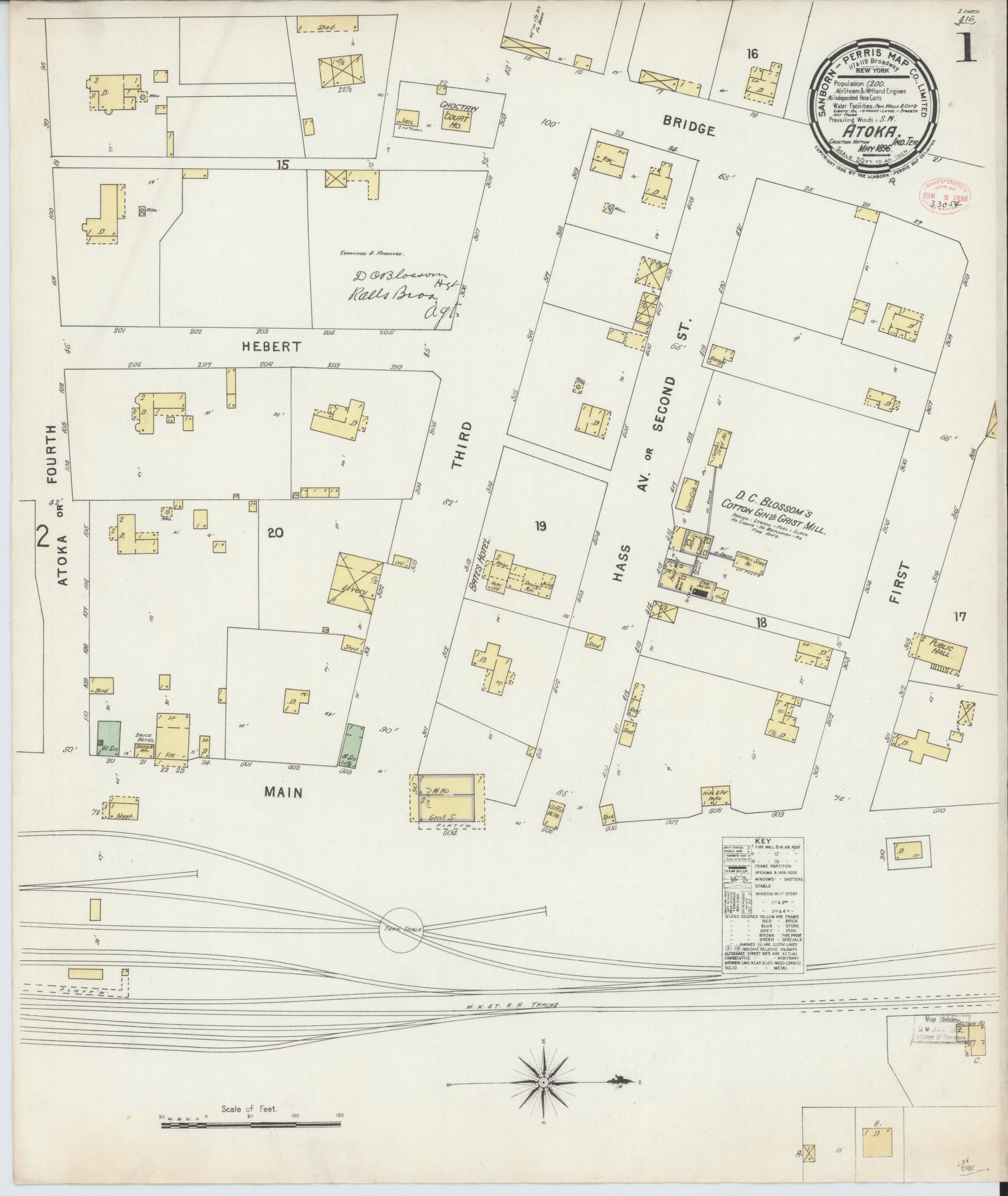Sanborn Fire Insurance Map from Atoka, Atoka County, Oklahoma (1896), Sheet #0001 - Historic Sanborn Fire Insurance Map Print, vintage old map wall art, antique decor, genealogy gift, Oklahoma Oklahoma map