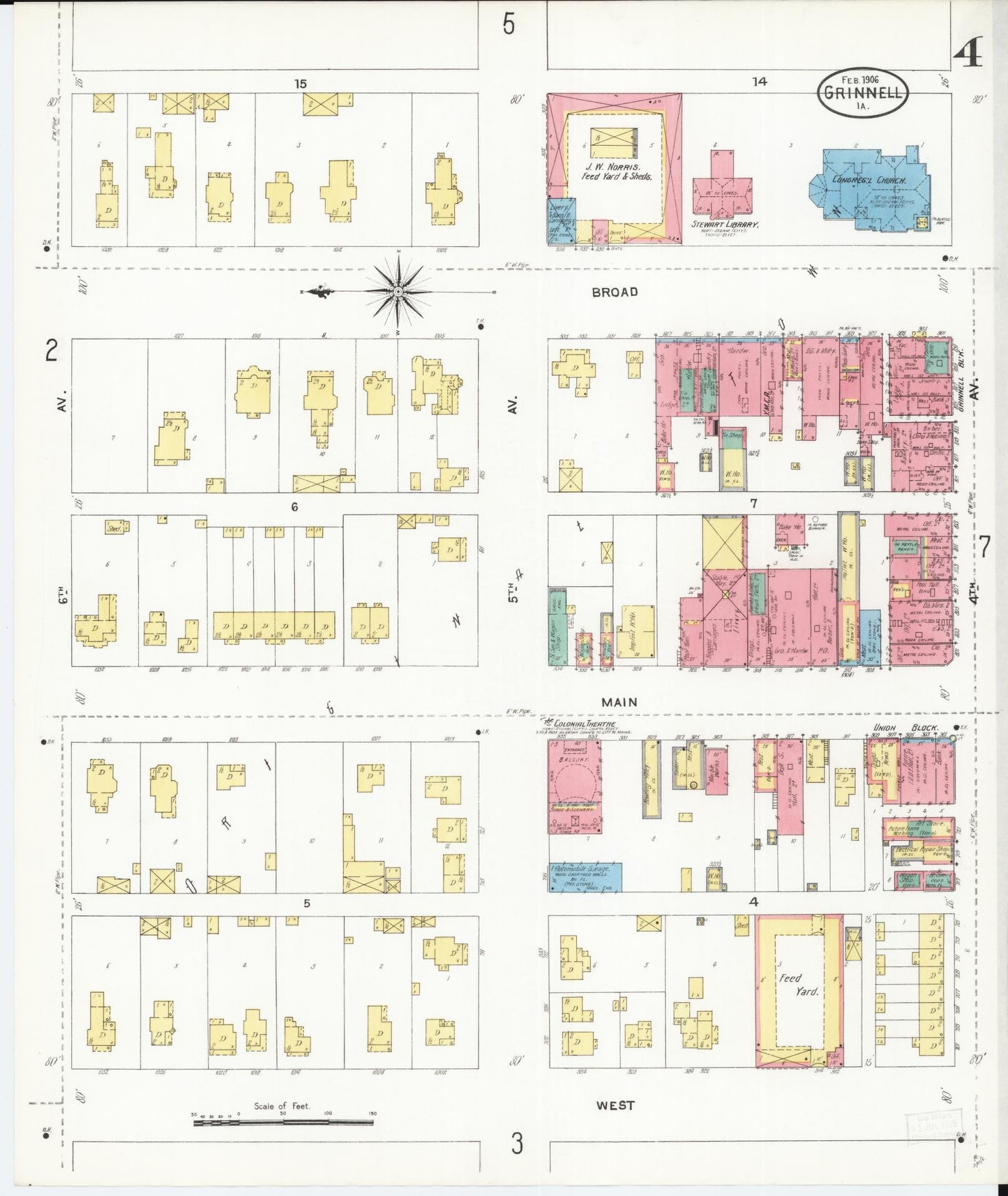 Sanborn Fire Insurance Map from Grinnell, Poweshiek County, Iowa (1906), Sheet #0004 - Historic Sanborn Fire Insurance Map Print, vintage old map wall art
