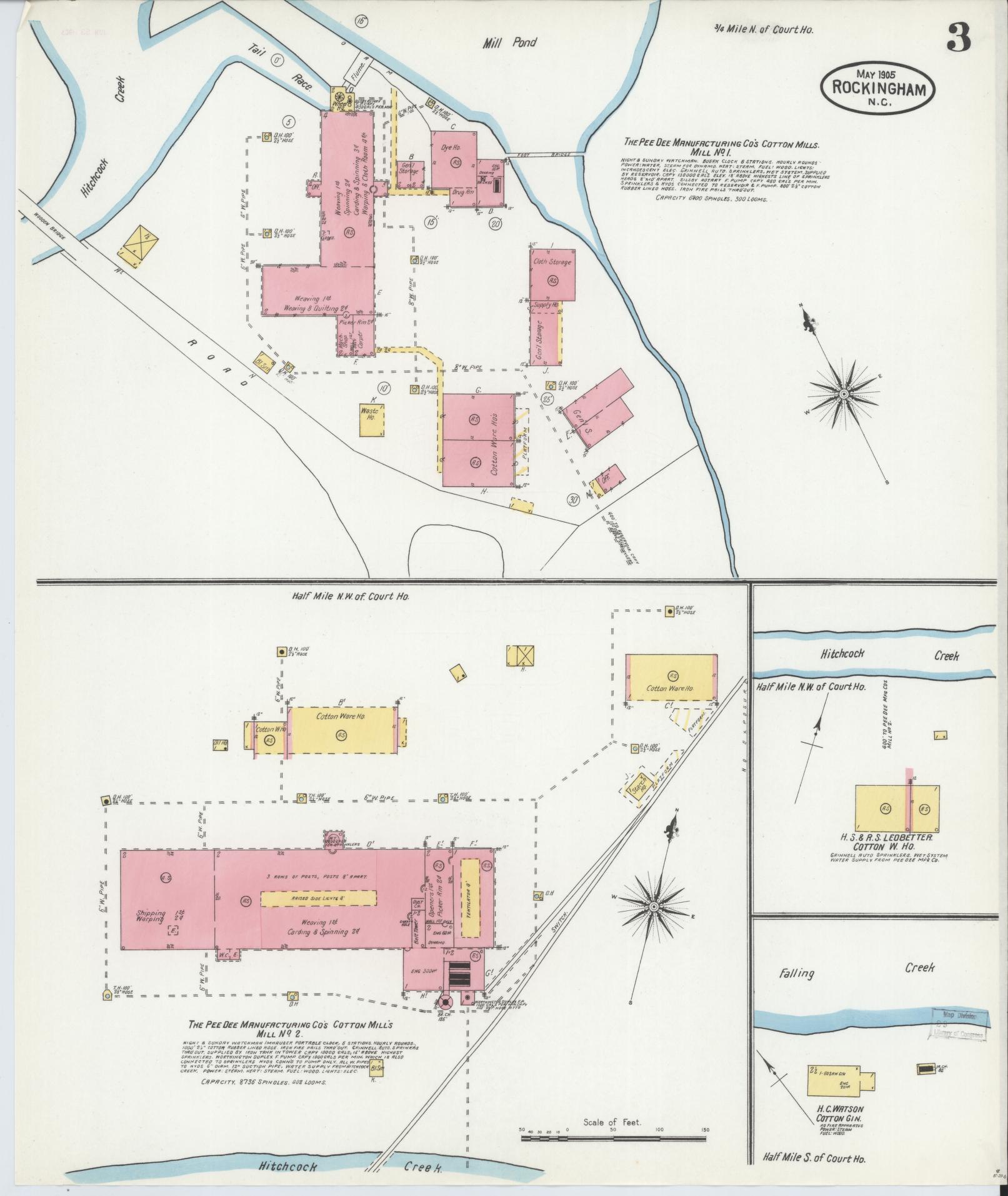 Sanborn Fire Insurance Map from Rockingham, Richmond County, North Carolina (1905), Sheet #0003 - Historic Sanborn Fire Insurance Map Print, vintage old map wall art, antique decor, genealogy gift, North Carolina North Carolina map