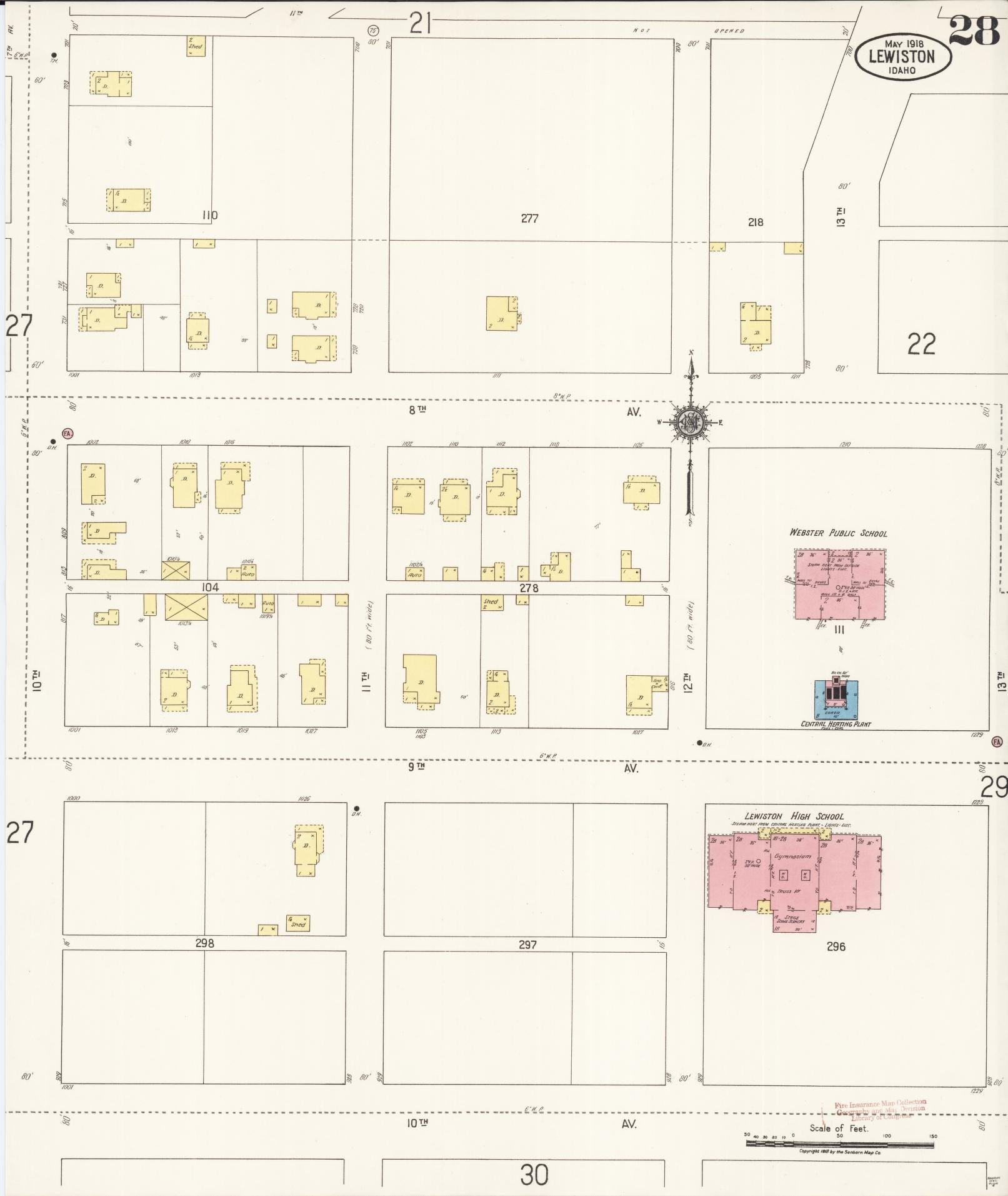 Sanborn Fire Insurance Map from Lewiston, Nez Perce County, Idaho (1918), Sheet #0028 - Historic Sanborn Fire Insurance Map Print, vintage old map wall art, antique decor, genealogy gift, Idaho Idaho map