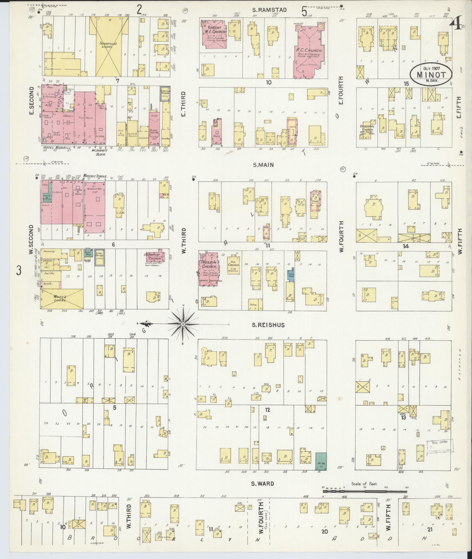 Sanborn Fire Insurance Map from Minot, Ward County, North Dakota (1907), Sheet #0004 - Complete Map Set gallery image, historic Sanborn map, vintage wall art, North Dakota North Dakota