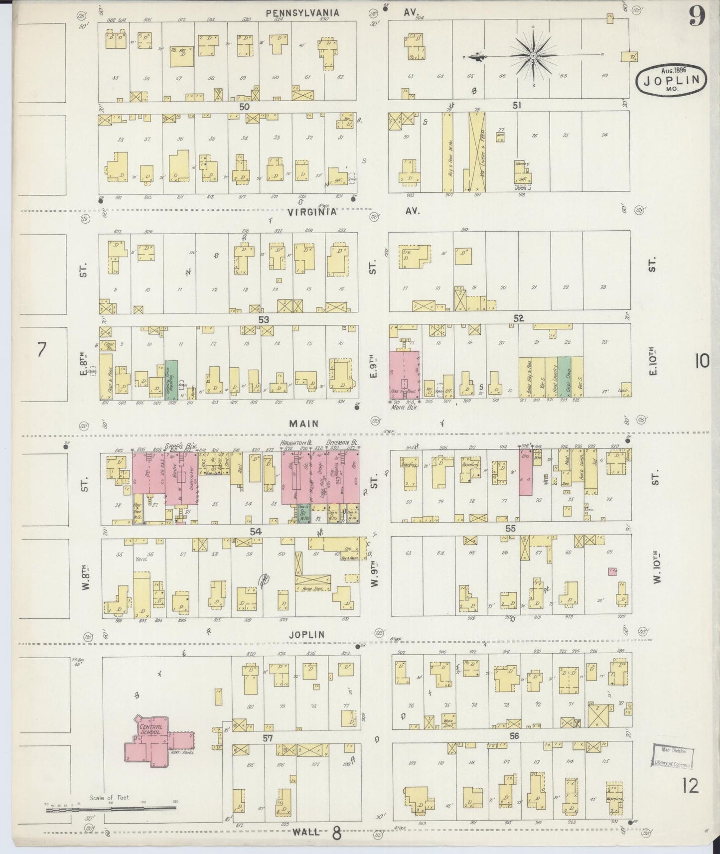 Sanborn Fire Insurance Map from Joplin, Jasper County, Missouri (1896), Sheet #0009 - Complete Map Set gallery image, historic Sanborn map, vintage wall art, Missouri Missouri