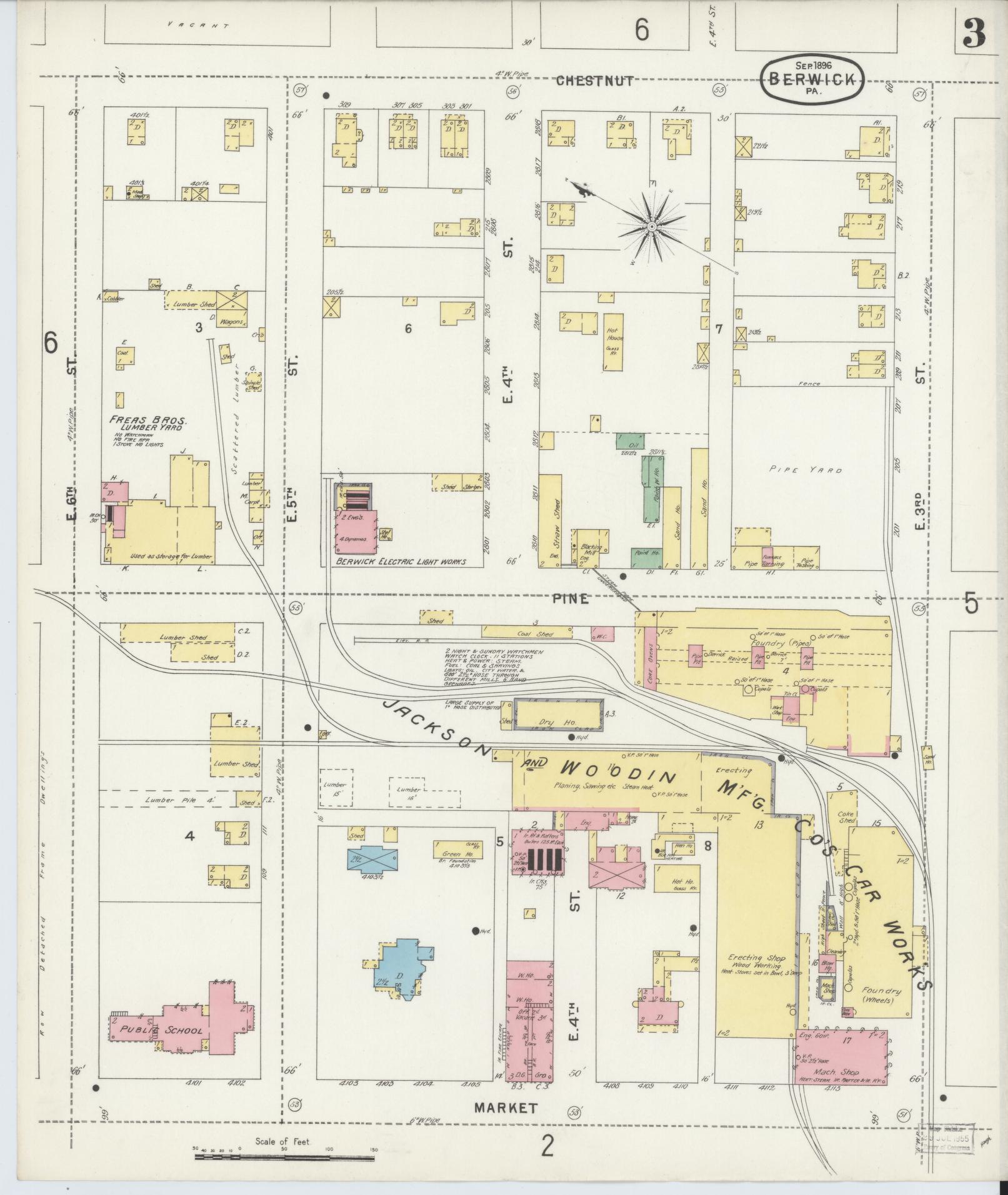 Sanborn Fire Insurance Map from Berwick, Columbia County, Pennsylvania (1896), Sheet #0003 - Historic Sanborn Fire Insurance Map Print, vintage old map wall art, antique decor, genealogy gift, Pennsylvania Pennsylvania map