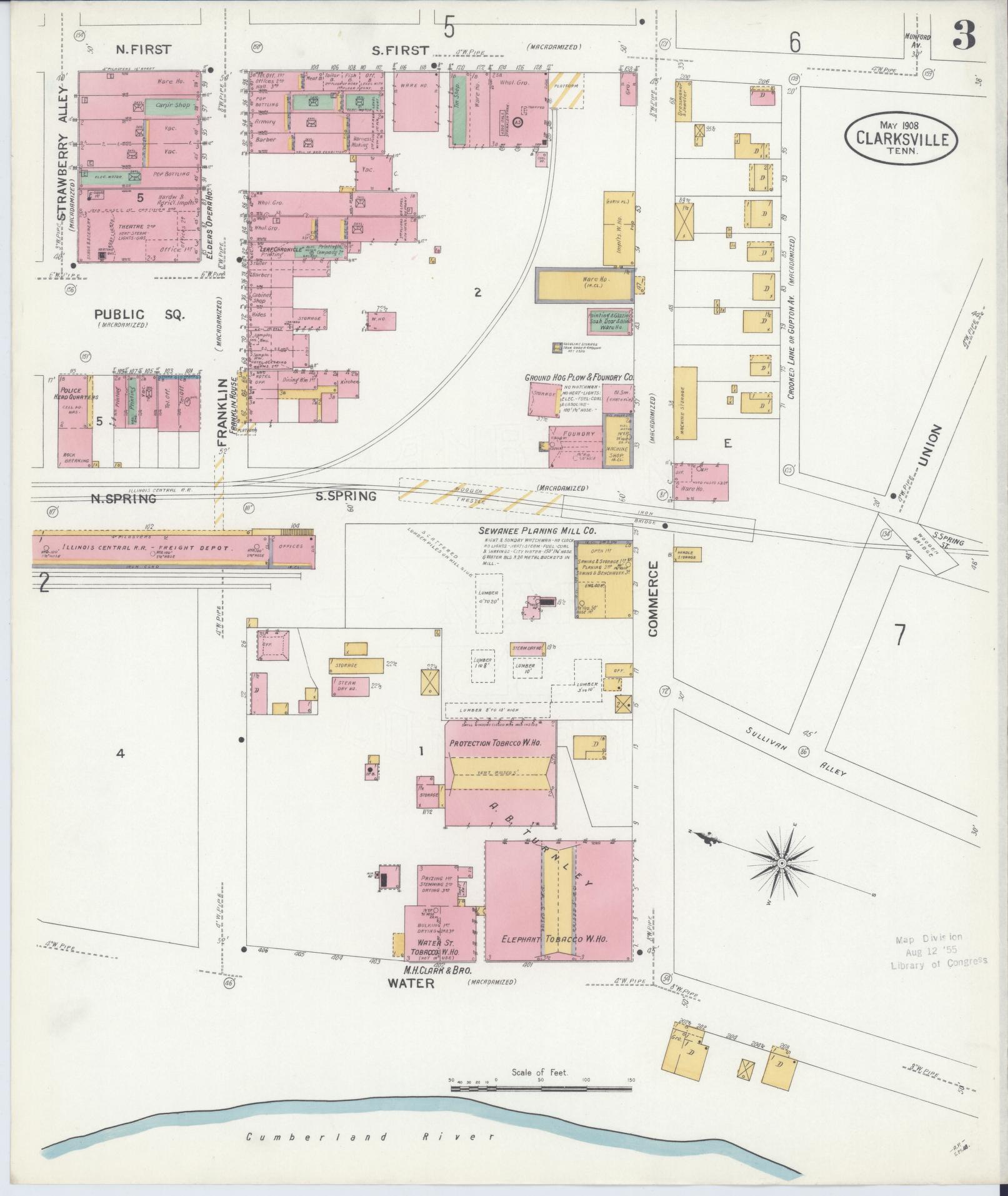Sanborn Fire Insurance Map from Clarksville, Montgomery County, Tennessee (1908), Sheet #0003 - Complete Map Set gallery image, historic Sanborn map, vintage wall art, Tennessee Tennessee