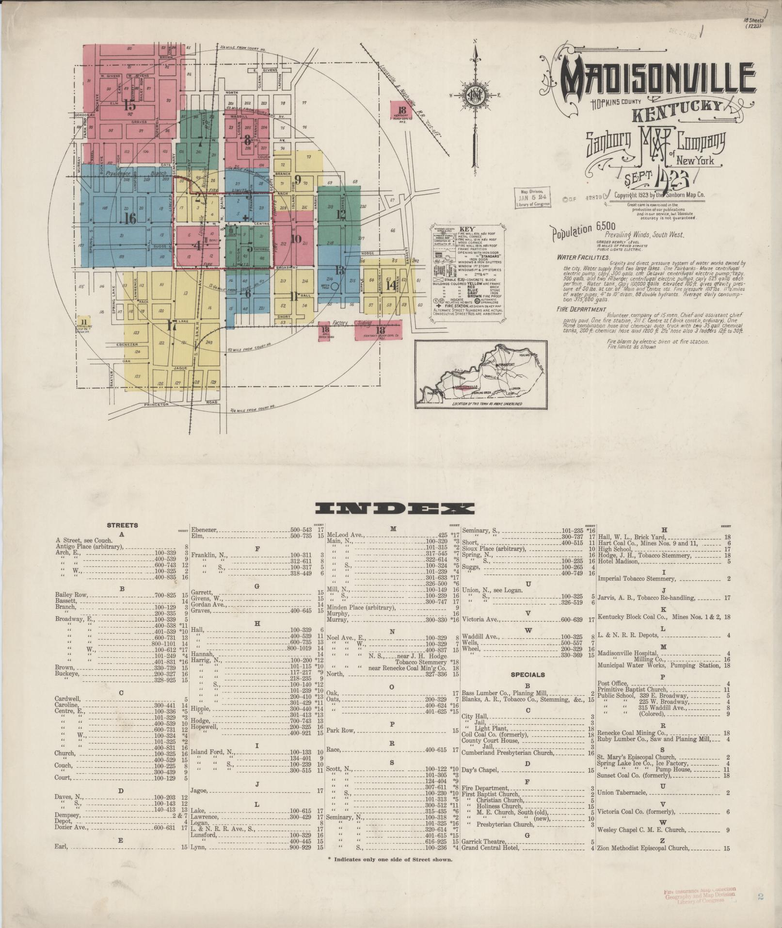 Sanborn Fire Insurance Map from Madisonville, Hopkins County, Kentucky (1923), Sheet #0001 - Complete Map Set gallery image, historic Sanborn map, vintage wall art, Kentucky Kentucky