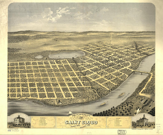 Bird's eye view of the city of Saint Cloud, Stearns County, Minnesota 1869. (1869) – Historic Bird’s-Eye View Panorama Print