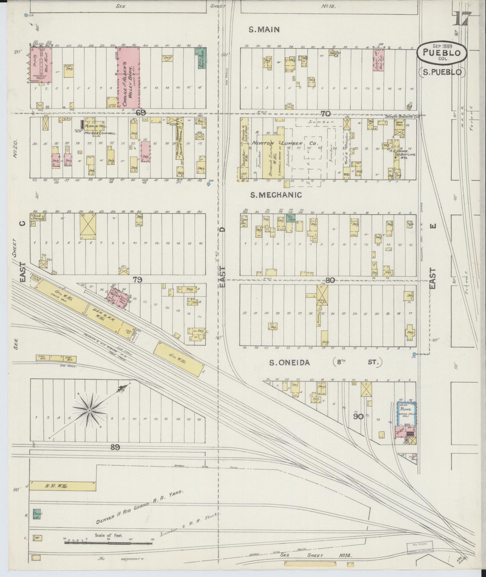 Sanborn Fire Insurance Map from Pueblo, Pueblo County, Colorado (1889), Sheet #0017 - Historic Sanborn Fire Insurance Map Print, vintage old map wall art, antique decor, genealogy gift, Colorado Colorado map