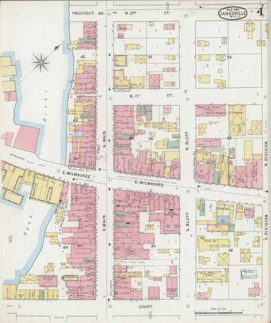 Sanborn Fire Insurance Map from Janesville, Rock County, Wisconsin (1895), Sheet #0004 - Historic Sanborn Fire Insurance Map Print, vintage old map wall art, antique decor, genealogy gift, Wisconsin Wisconsin map