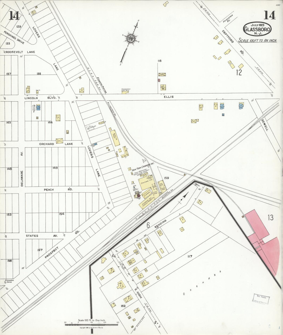 Sanborn Fire Insurance Map from Glassboro, Gloucester County, New Jersey (1923), Sheet #0014 - Historic Sanborn Fire Insurance Map Print, vintage old map wall art, antique decor, genealogy gift, New Jersey New Jersey map