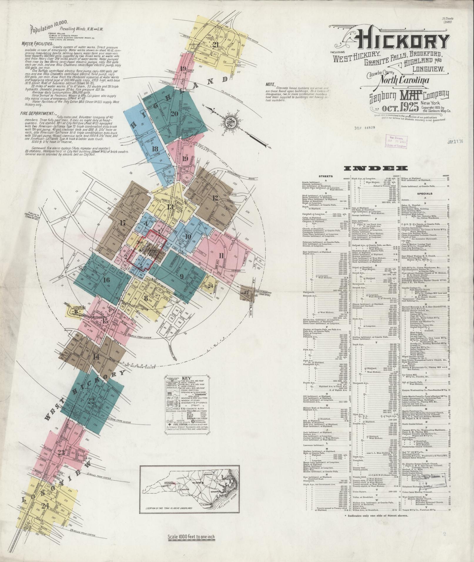 Sanborn Fire Insurance Map from Hickory, Catawba County, North Carolina (1925), Sheet #0001 - Complete Map Set gallery image, historic Sanborn map, vintage wall art, North Carolina North Carolina