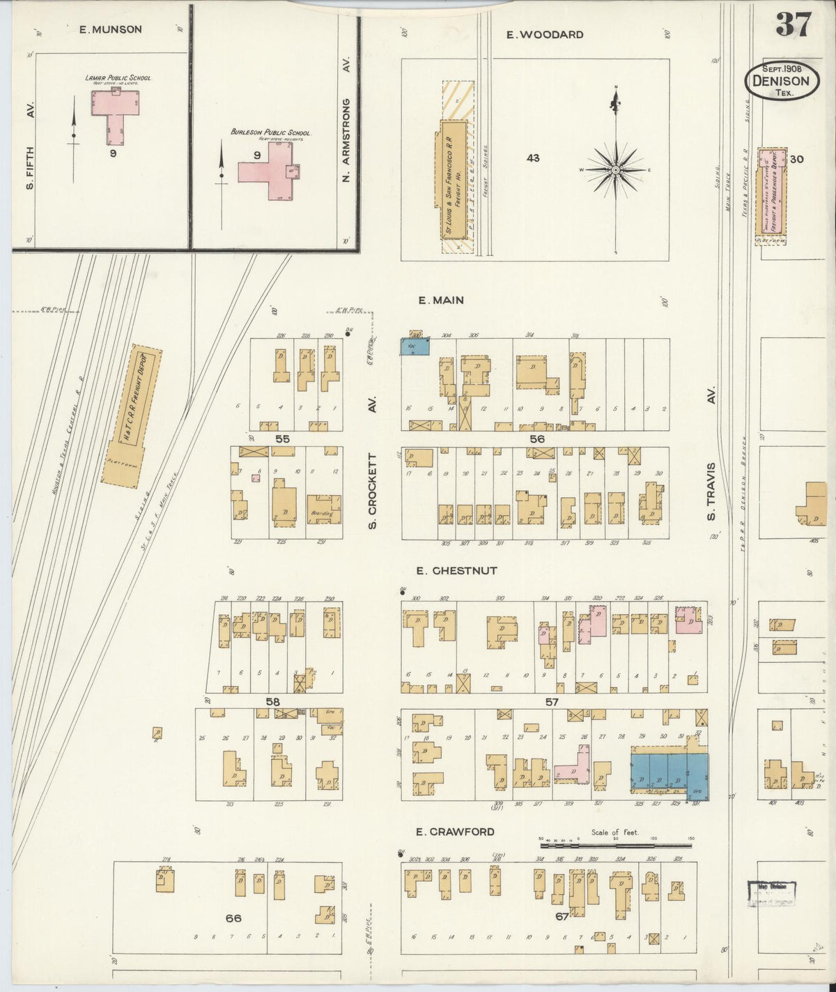 Sanborn Fire Insurance Map from Denison, Grayson County, Texas (1908), Sheet #0037 - Complete Map Set gallery image, historic Sanborn map, vintage wall art, Texas Texas