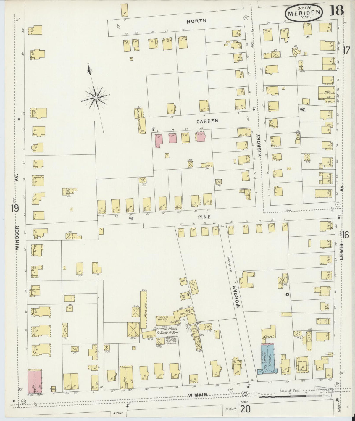 Sanborn Fire Insurance Map from Meriden, New Haven County, Connecticut (1896), Sheet #0018 - Historic Sanborn Fire Insurance Map Print, vintage old map wall art, antique decor, genealogy gift, Connecticut Connecticut map