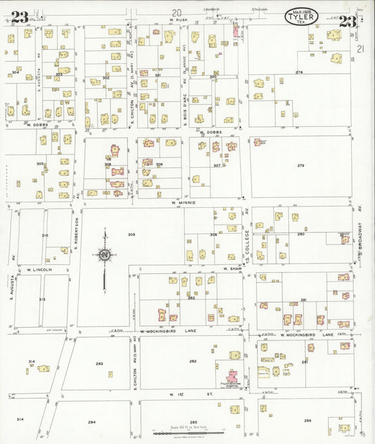 Sanborn Fire Insurance Map from Tyler, Smith County, Texas (1928), Sheet #0023 - Historic Sanborn Fire Insurance Map Print, vintage old map wall art, antique decor, genealogy gift, Texas Texas map