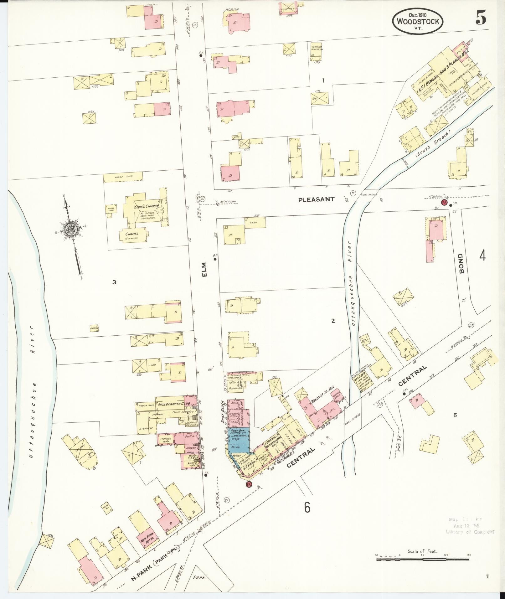 Sanborn Fire Insurance Map from Woodstock, Windsor County, Vermont (1910), Sheet #0005 - Historic Sanborn Fire Insurance Map Print, vintage old map wall art, antique decor, genealogy gift, Vermont Vermont map