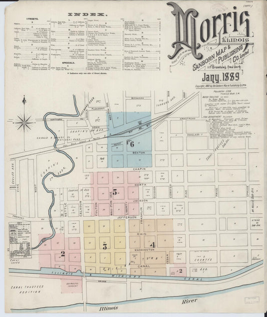 Sanborn Fire Insurance Map from Morris, Grundy County, Illinois (1889), Sheet #0001 - Complete Map Set gallery image, historic Sanborn map, vintage wall art, Illinois Illinois